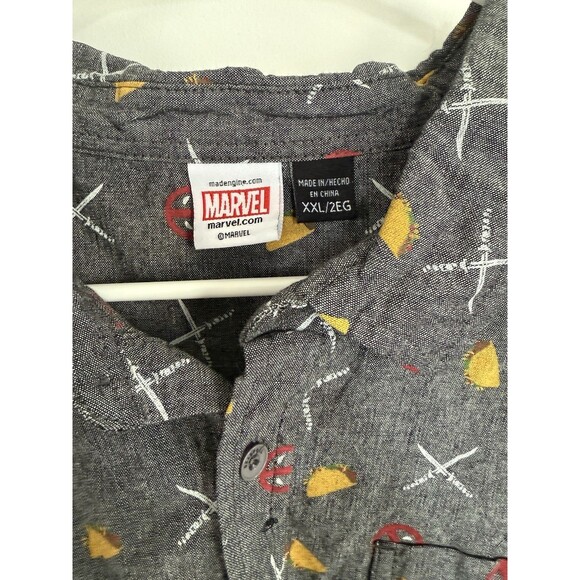 Marvel Deadpool Taco Short Sleeve Button Up Shirt Men's 3XL Gray Grunge Comic - Picture 3 of 5